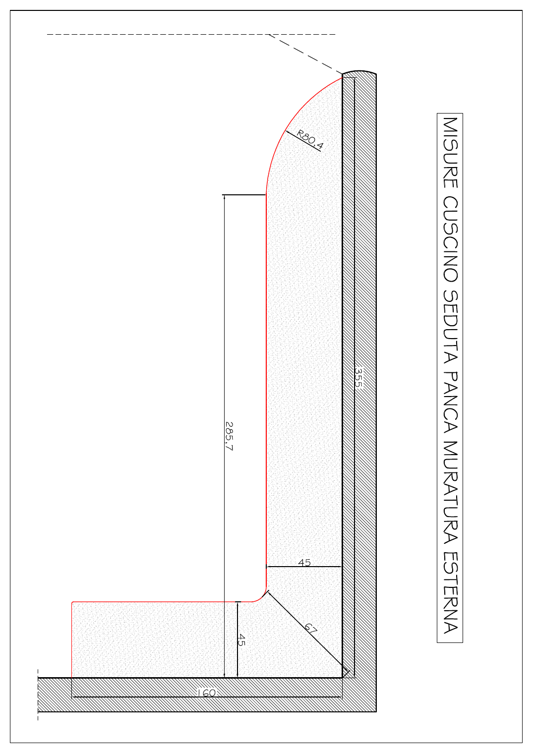 Disegno tecnico quotato della panca in muratura